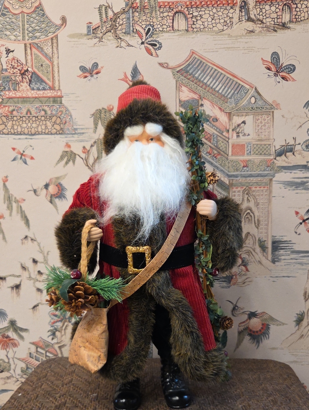 Hobby Lobby Red and White Santa Figurine with Brown Faux Fur Trim